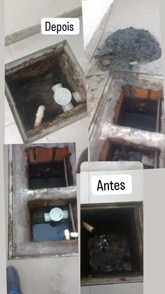 Antes e Depois do serviço de limpeza de caixa de esgoto em Linhares.
