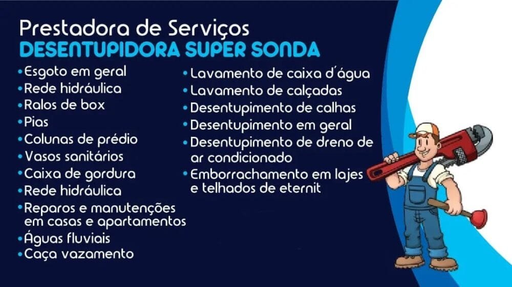 "Mascote da Desentupidora Super Sonda, um encanador sorridente segurando suas ferramentas de trabalho."